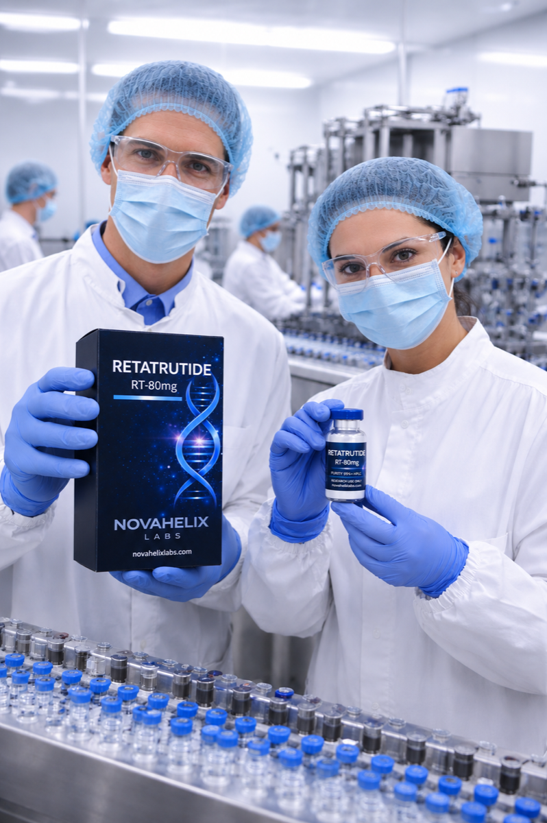 NovaHelix Labs technicians inspecting research peptide vials